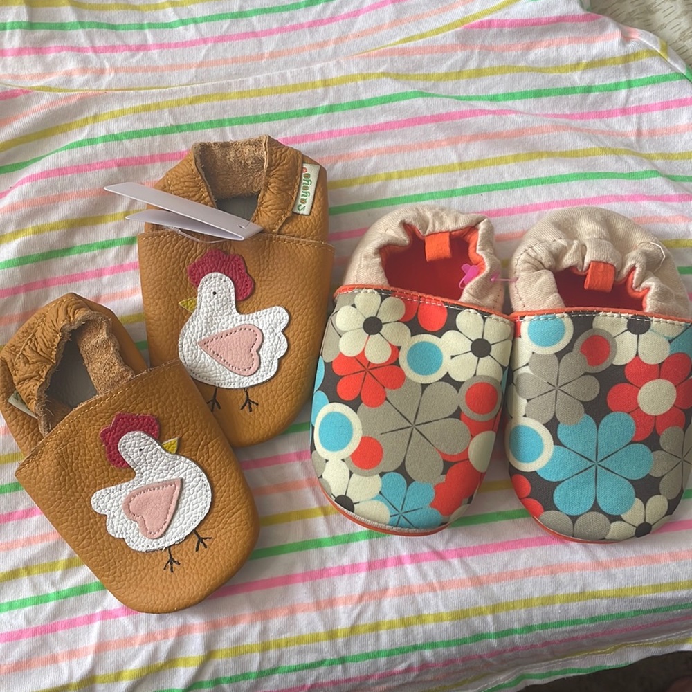 Baby Moccasins once with chickens other ones with flowers 12/18 months